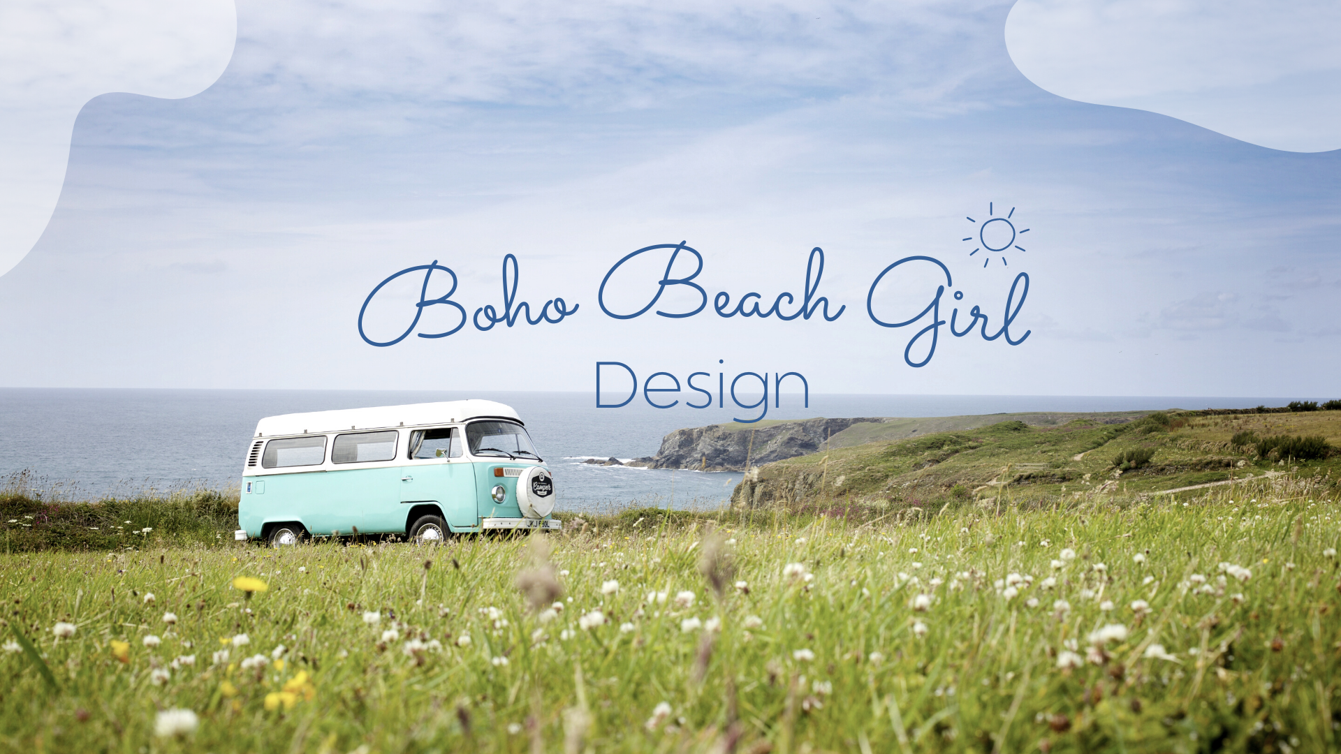 Boho Beach Girl Design soft blue and white colored VW van on a grassy hillside overlooking the ocean