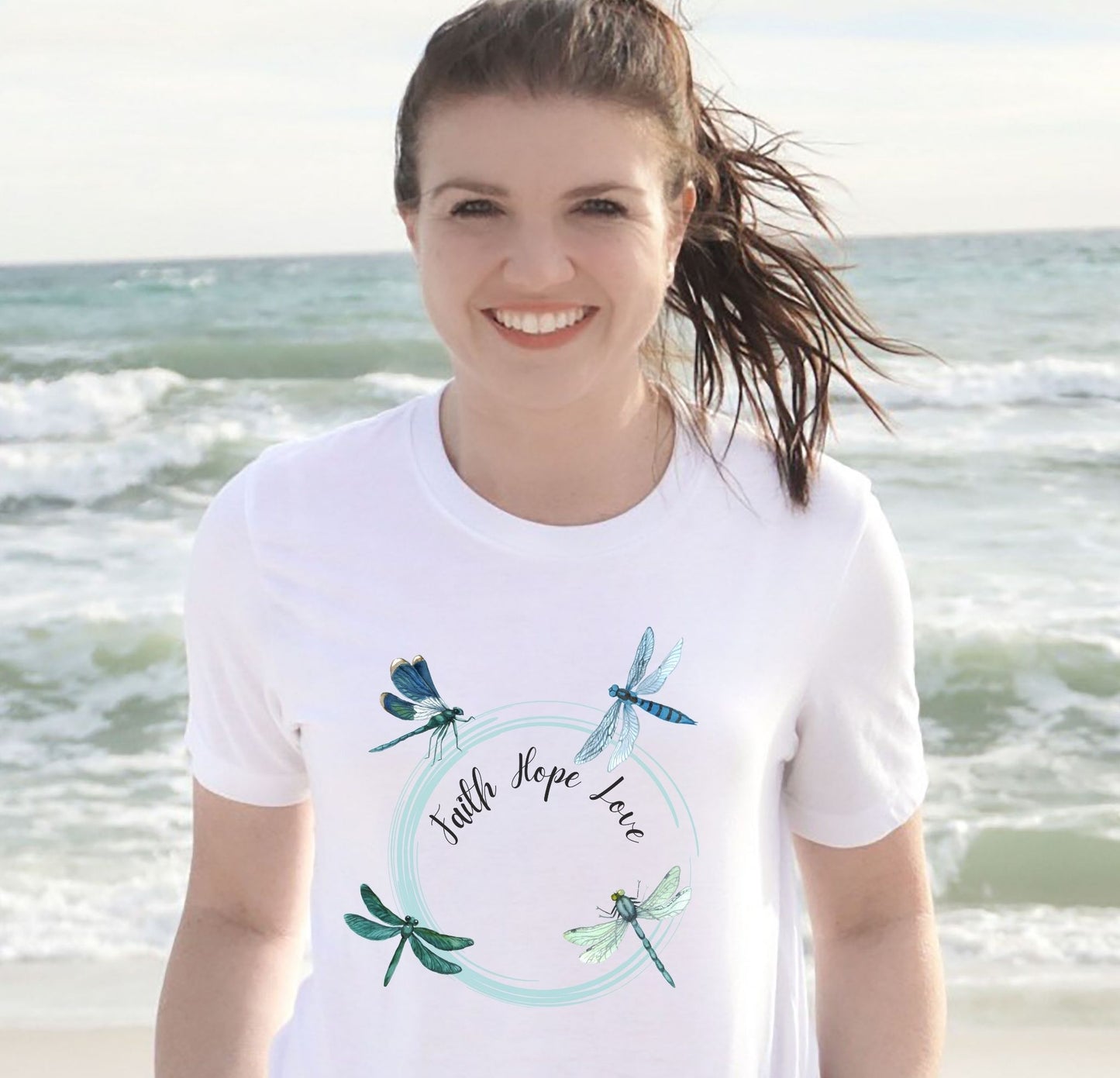 Dragonfly inspirational T shirt Faith, Hope, and Love